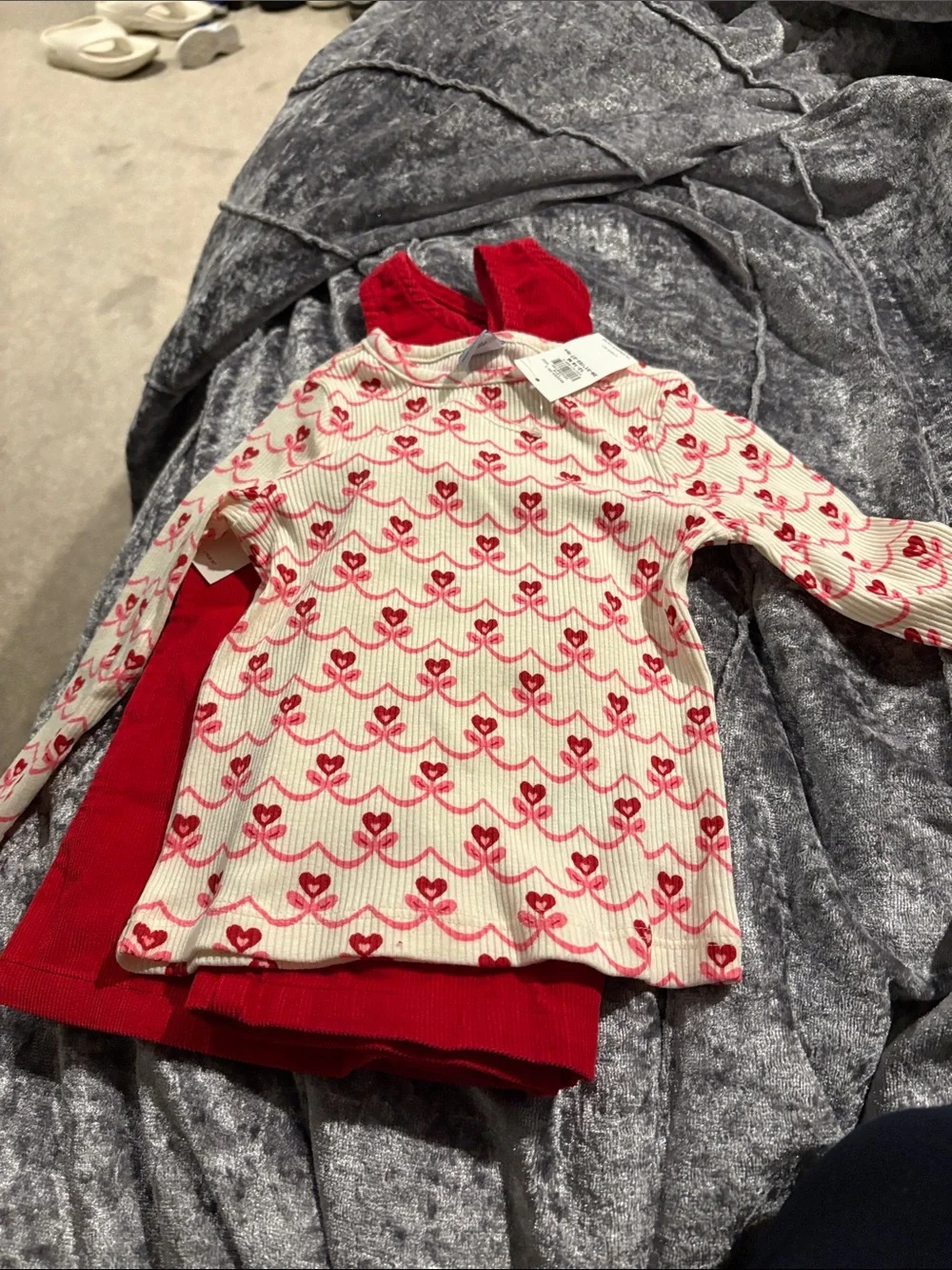 Old Navy Red Corduroy Pinafore Dress with Cream Heart-Print Top